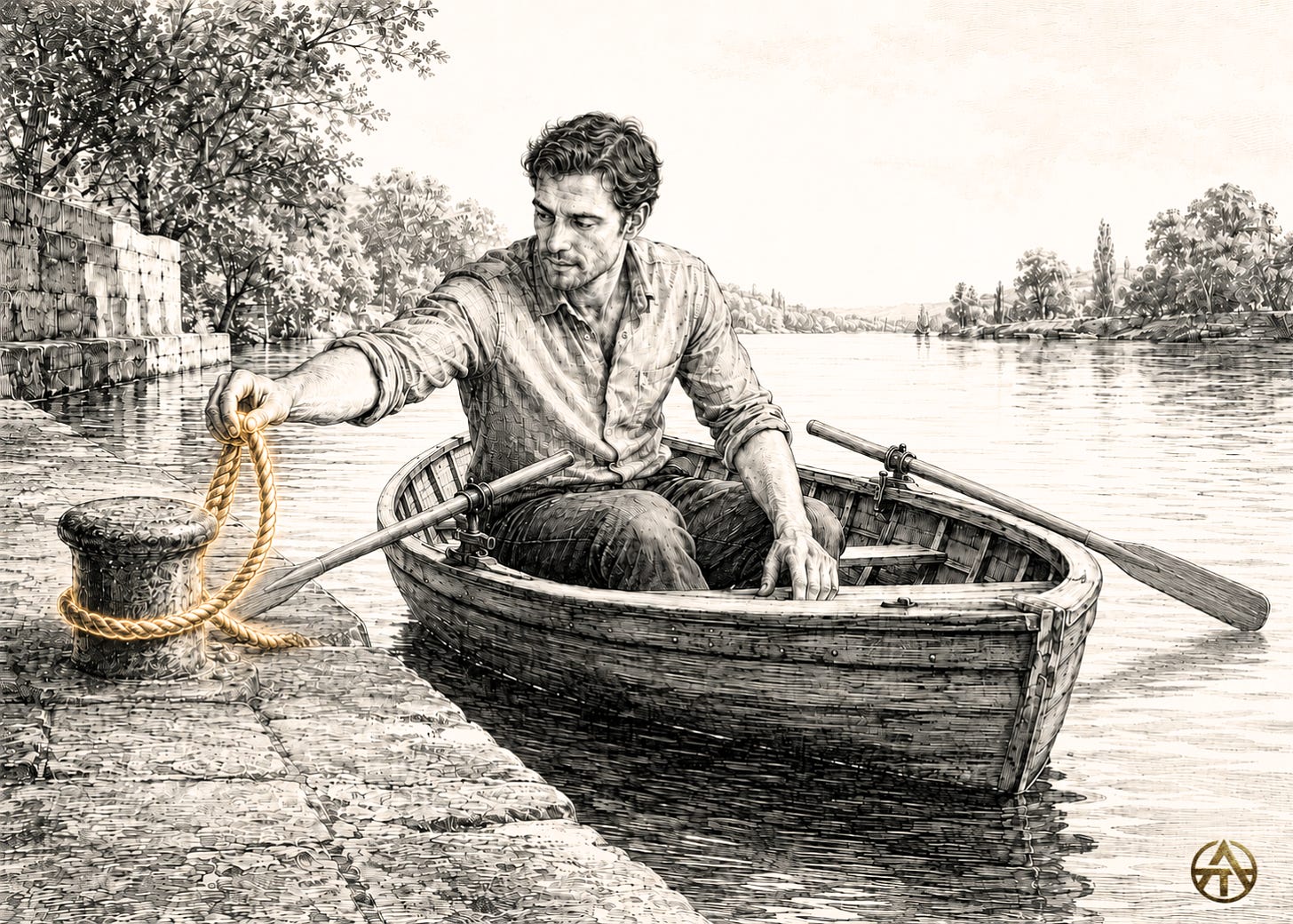 Engraved illustration of a man in a rowboat untying a golden rope from a dockside bollard, symbolising the first move into meaningful work. Engraved illustration of a man in a rowboat untying a golden rope from a dockside bollard, symbolising the first move into meaningful work.