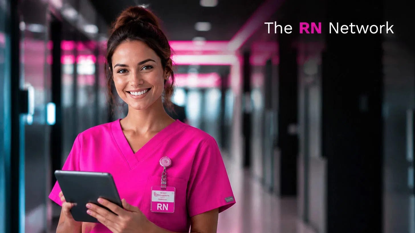Registered nurse in pink scrubs reviewing clinical information on a tablet Registered nurse in pink scrubs reviewing clinical information on a tablet