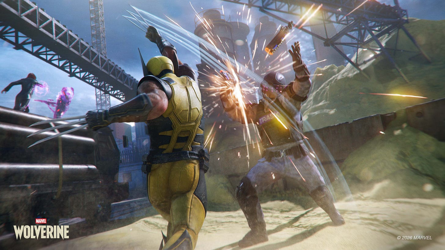 "Wolverine angrily slashes his right arm, fist, and claws upward; he’s splitting a Trask grunt’s gun in half. Meanwhile, Jean fights a Reaver on top of a truck just off in the background using her telekinetic powers." "Wolverine angrily slashes his right arm, fist, and claws upward; he’s splitting a Trask grunt’s gun in half. Meanwhile, Jean fights a Reaver on top of a truck just off in the background using her telekinetic powers."