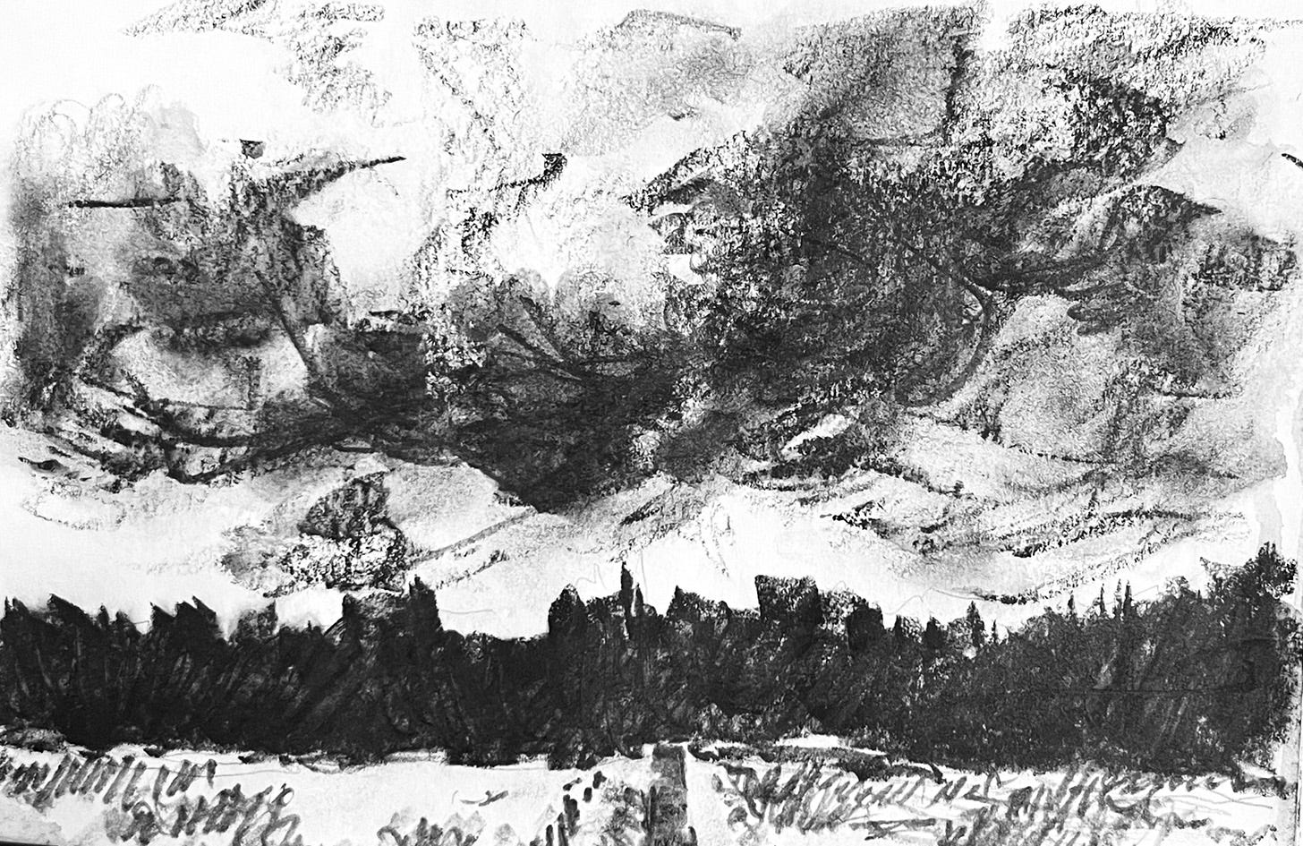 Water soluble graphite sketch of clouds over woodland by artist Michela Griffith
