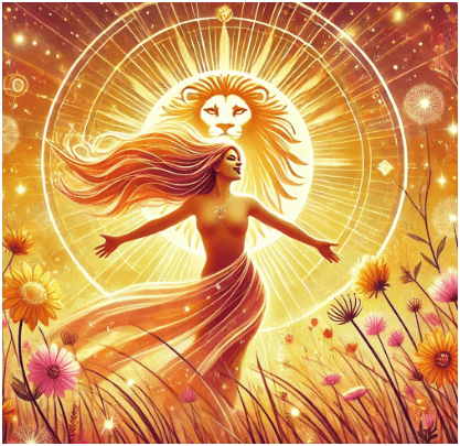 Golden mystical illustration of a woman in flowing orange robes standing with arms open in a flower field, with radiant sun rays and a lion’s face behind her, symbolizing the Leo Entertainer brand archetype, creative confidence, charisma, and joyful self-expression.