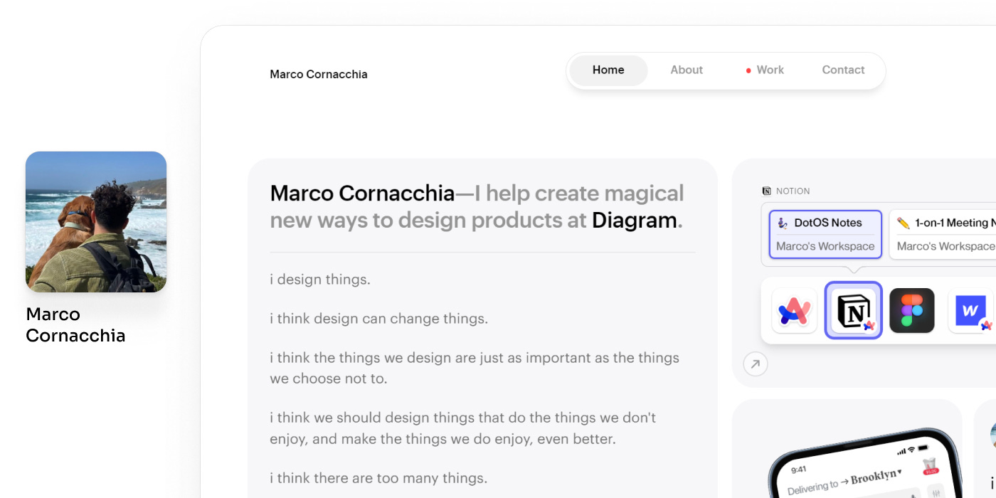 Marco Cornacchia's profile image and a screenshot of his portfolio