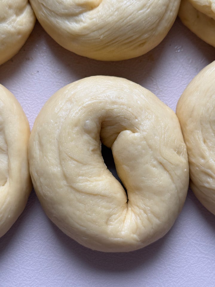 bagels before being boiled and while being boiled