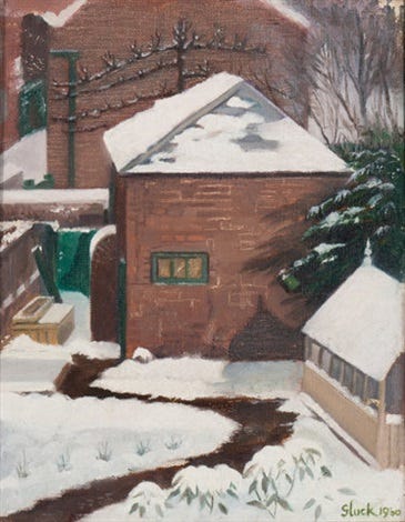 Painting of a snow-covered yard with a brick building, green door, and frosted trees. Greenhouse and garden path create a tranquil winter scene. There are more brick buildings in the background, as well as some power lines. Painting of a snow-covered yard with a brick building, green door, and frosted trees. Greenhouse and garden path create a tranquil winter scene. There are more brick buildings in the background, as well as some power lines.