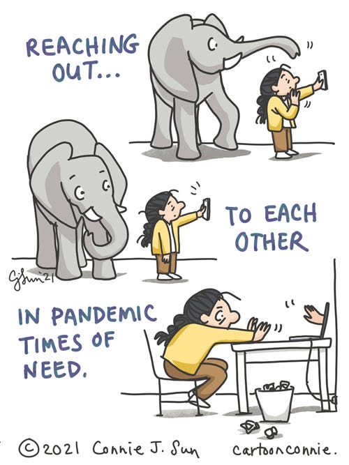 Elephant cartoon illustration about reaching out to each other digitally in times of need, sketchbook drawing by Connie Sun, cartoonconnie