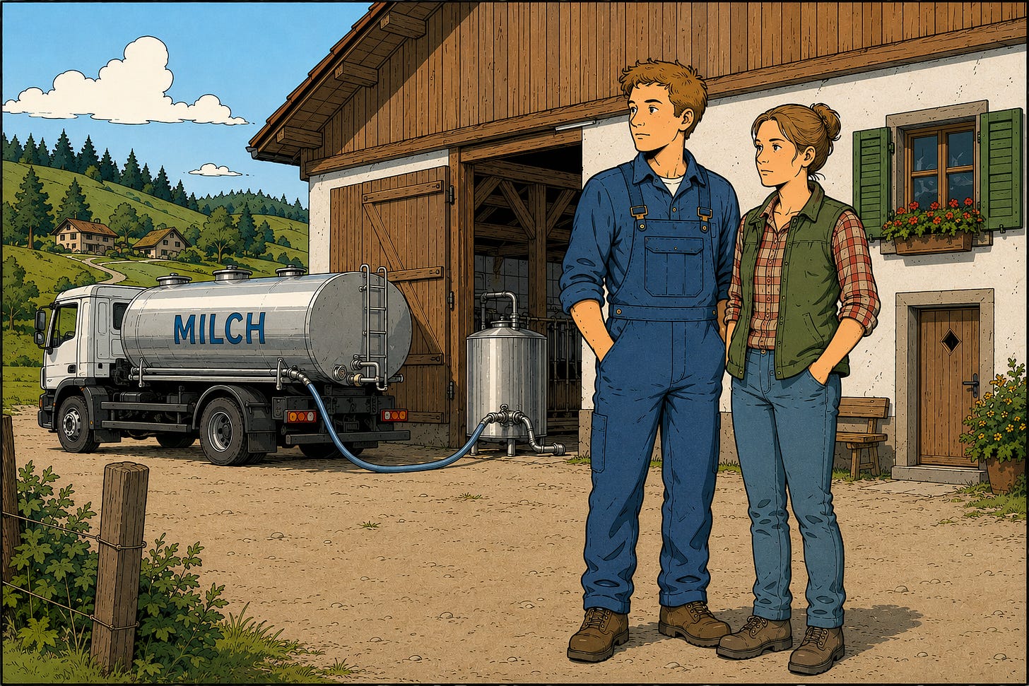 KI-generierte Illustration im Ligne-Claire-Stil zu einer fiktiven Geschichte mit fiktiven Personen: Der junge Milchbauer Simon Moser steht mit seiner Frau Mara vor ihrem Bauernhof. Im Hintergrund wird Milch aus dem Hoftank über einen Schlauch in einen Milchtankwagen gepumpt. KI-generierte Illustration im Ligne-Claire-Stil zu einer fiktiven Geschichte mit fiktiven Personen: Der junge Milchbauer Simon Moser steht mit seiner Frau Mara vor ihrem Bauernhof. Im Hintergrund wird Milch aus dem Hoftank über einen Schlauch in einen Milchtankwagen gepumpt.