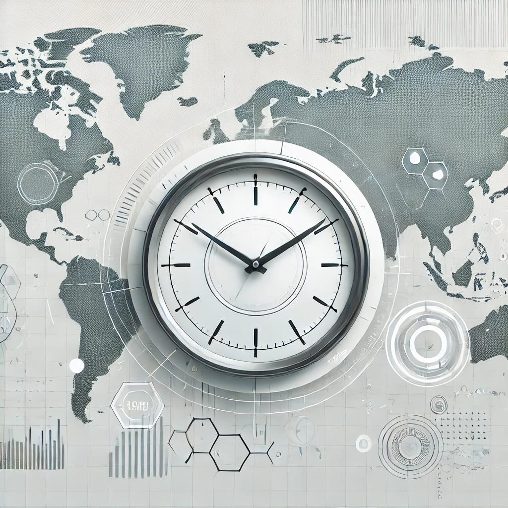 A minimalistic illustration showing a world map subtly blended into the background, with a large modern clock overlaying it. The clock has sleek, futuristic hands and clean lines. Subtle high-tech details like digital circuits or data flow elements are faintly integrated into the design, giving it a smart, analytical vibe. The color palette is clean and modern — whites, soft grays, and subtle blues. The composition is balanced and uncluttered, suitable for a professional blog cover image.