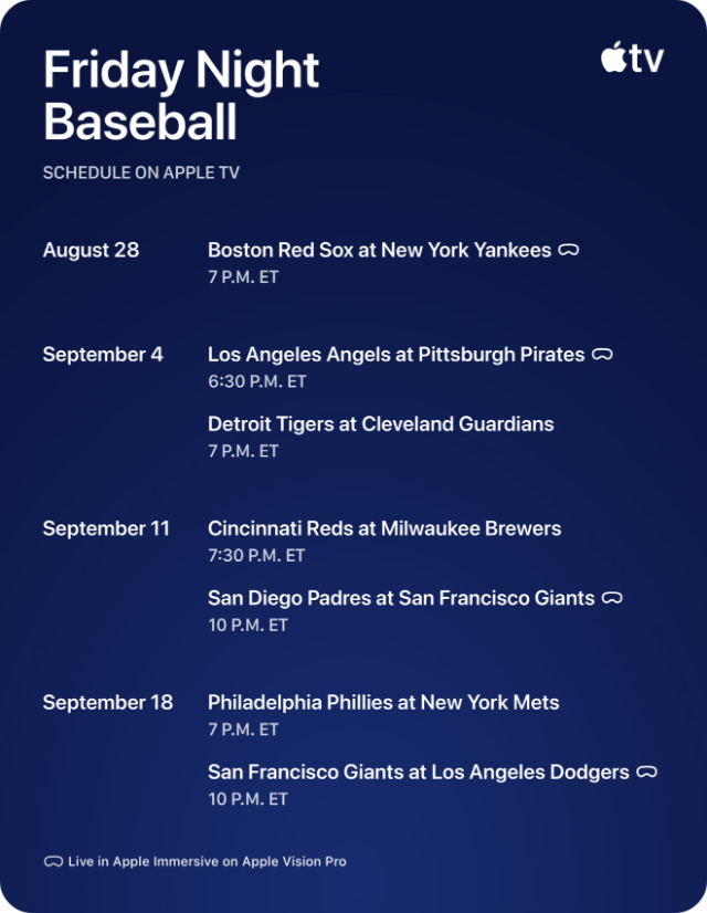 Apple, MLB announce September 'Friday Night Baseball' schedule and first‑ever broadcast in Apple Immersive Apple, MLB announce September 'Friday Night Baseball' schedule and first‑ever broadcast in Apple Immersive