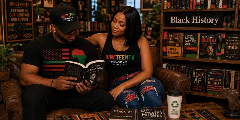 Couple wearing Juneteenth attire and sitting in a bookstore reading black author books in the black history section of a bookstore.