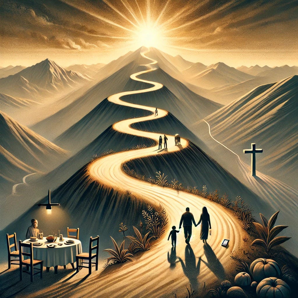 A symbolic illustration of a winding mountain path representing the spiritual journey of Lent. The landscape features both ascents and descents, symbolizing moments of fervor and dryness. In the foreground, a father walks hand in hand with his children, representing the daily struggles and joys of family life as part of the Lenten journey. A warm light from above suggests divine guidance, while small details in the environment (a table set for dinner, a phone left aside, a couple talking) hint at simple acts of sacrifice and love. The overall tone conveys a reflective and spiritual atmosphere.