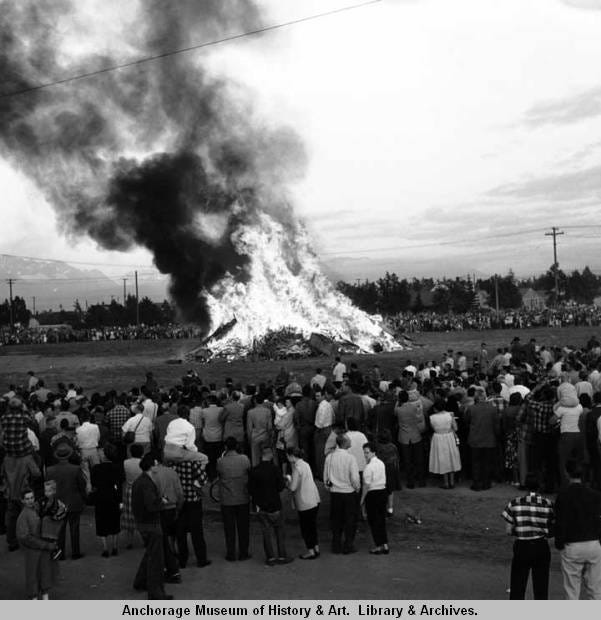 Anchorage, Alaska celebrating statehood in 1958 with a bonfire on the Park Strip.
