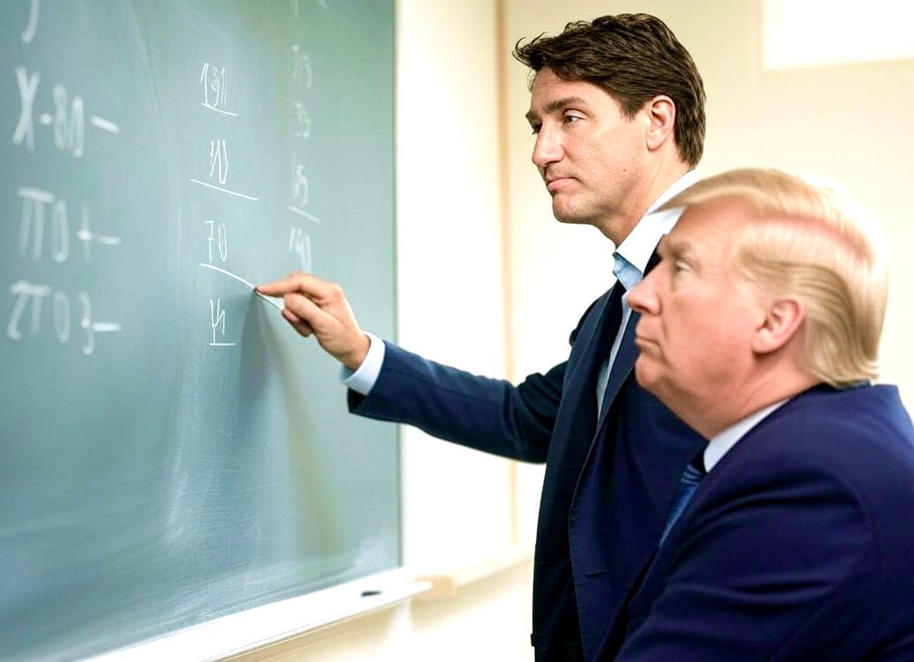 Image of Prime Minister Justin Trudeau teaching President Donald Trump arithmetic / created by author using Grok