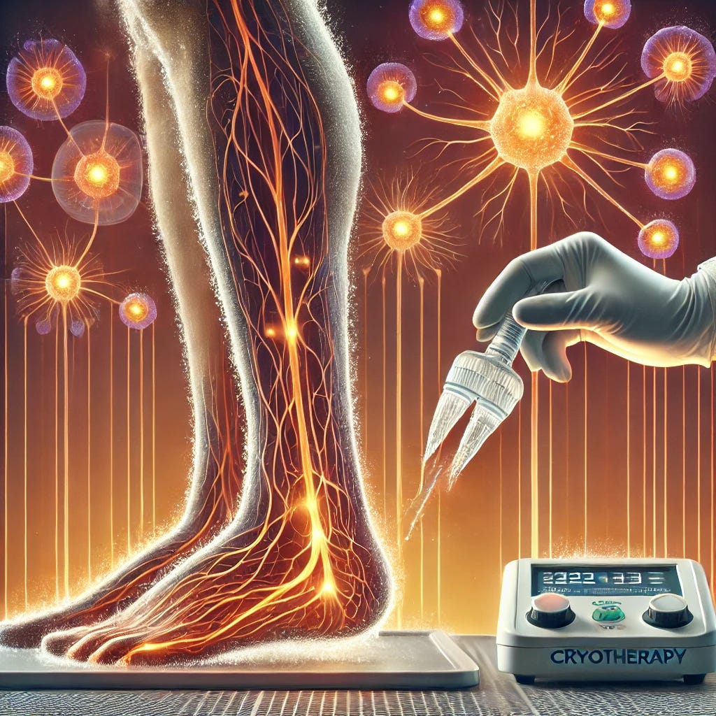 A modern medical illustration depicting cryotherapy for chemotherapy-induced peripheral neuropathy. The image features a clean and professional design with a warm color palette to evoke positivity. A patient's hands and feet are immersed in cooling gloves and booties, symbolizing the cryotherapy treatment process. In the background, a simplified neural network representation highlights the impact on nerve health, with glowing pathways indicating protection against chemotherapy-induced nerve damage. The composition conveys innovation and hope, emphasizing medical advancements in patient care.