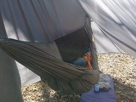 photo inside my hammock, photo of my shoes, and photo of the indoor toilet