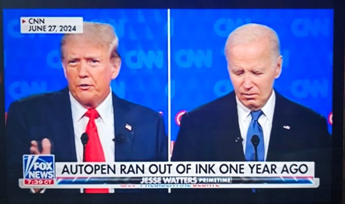 The image is a split-screen comparison showing two individuals, Donald Trump on the left and Joe Biden on the right, both in front of a CNN backdrop. The image is from a Fox News broadcast, as indicated by the Fox News logo in the bottom left corner. The text overlay at the bottom of the image reads "AUTOPEN RAN OUT OF INK ONE YEAR AGO" with the date "June 27, 2024" in the top left corner. The post text humorously references the autopen, a device used for signing documents, implying a political commentary or joke about the individuals shown. The image is clear and well-lit, with no watermarks from other platforms.