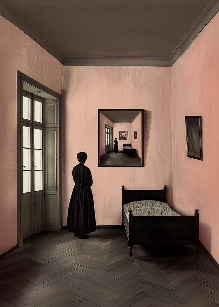 This may contain: a bedroom with pink walls and wood floors, an old fashioned bed is in the foreground This may contain: a bedroom with pink walls and wood floors, an old fashioned bed is in the foreground
