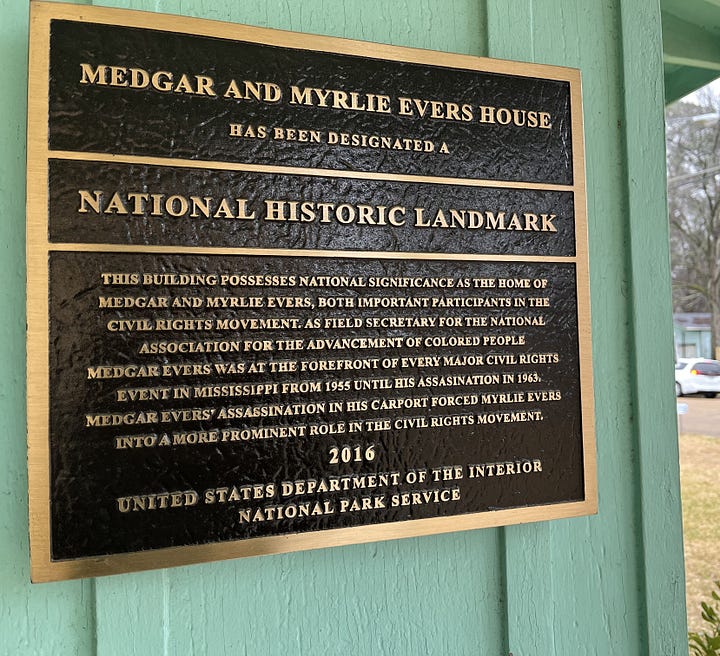 Left: Medgar Evers photos as a young man and a description of the Values and Vision that he held. Right: Medgar and Myrlie Evers House designation by National Historic Landmark.