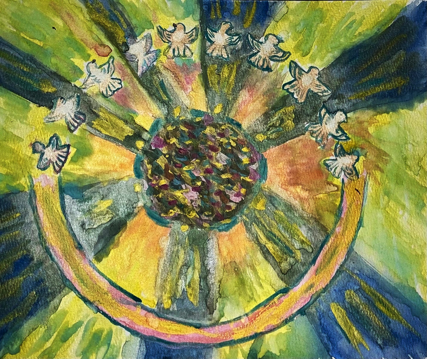 Birds forming edge of circle flying outward over a background of blue and gold colored rays flowing from a multicolored center circle