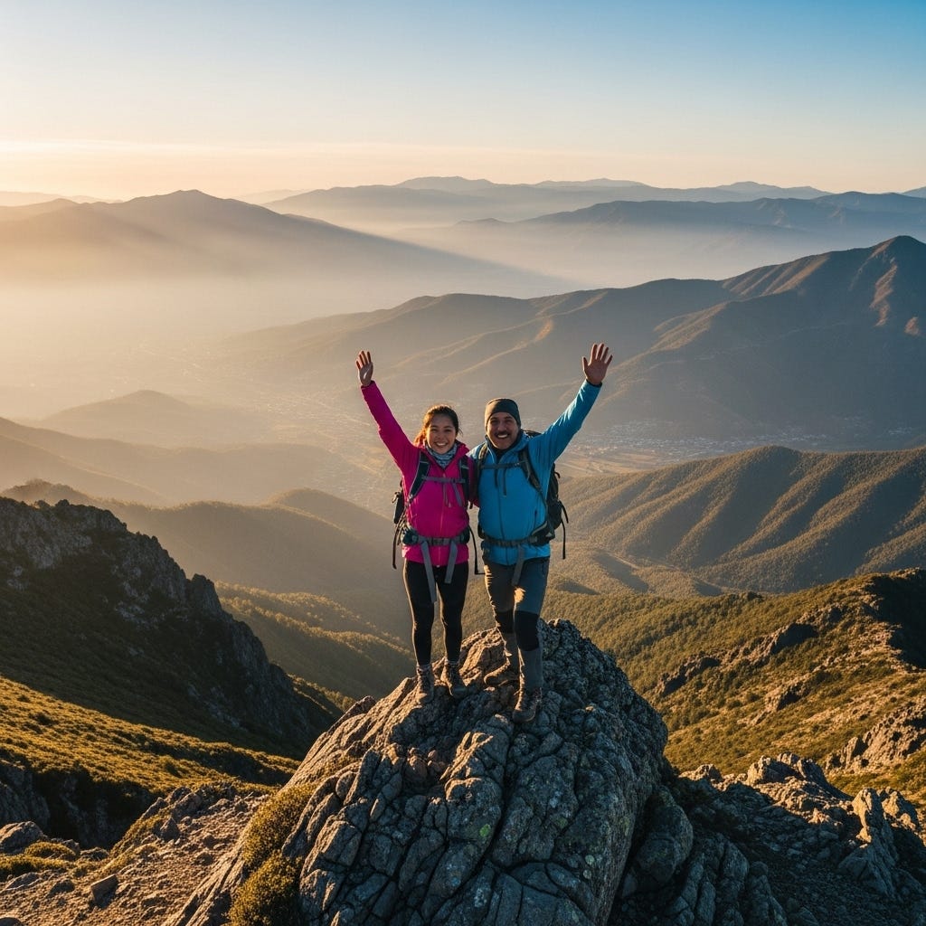 Photograph of an adventurous couple hiking on a mountain peak at sunrise generated by Imagen 4 Photograph of an adventurous couple hiking on a mountain peak at sunrise generated by Imagen 4
