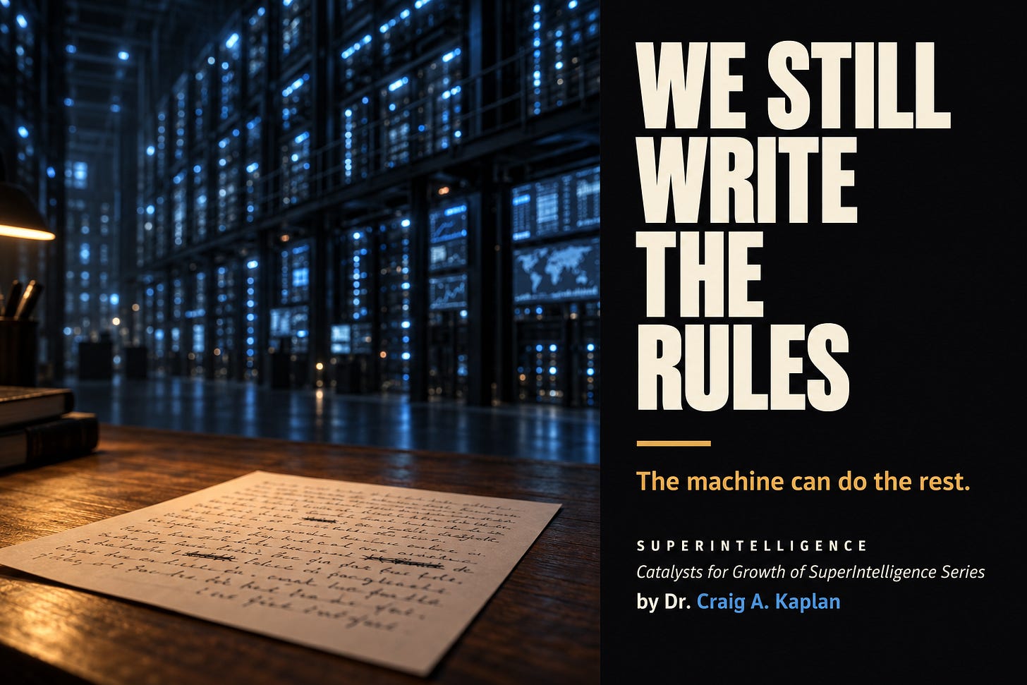 A dark room with an enormous wall of machine screens glowing cold blue in the background, out of focus. In the foreground, sharply lit in warm amber, a single sheet of paper covered in human handwriting lies on a wooden desk. Text reads: We Still Write The Rules. The machine can do the rest. Superintelligence, Catalysts for Growth of SuperIntelligence Series, by Dr. Craig A. Kaplan. A dark room with an enormous wall of machine screens glowing cold blue in the background, out of focus. In the foreground, sharply lit in warm amber, a single sheet of paper covered in human handwriting lies on a wooden desk. Text reads: We Still Write The Rules. The machine can do the rest. Superintelligence, Catalysts for Growth of SuperIntelligence Series, by Dr. Craig A. Kaplan.