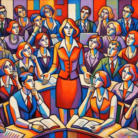 An illustration depicting a woman in a red dress speaking to a diverse audience of professionally dressed individuals in a colorful, abstract style.
