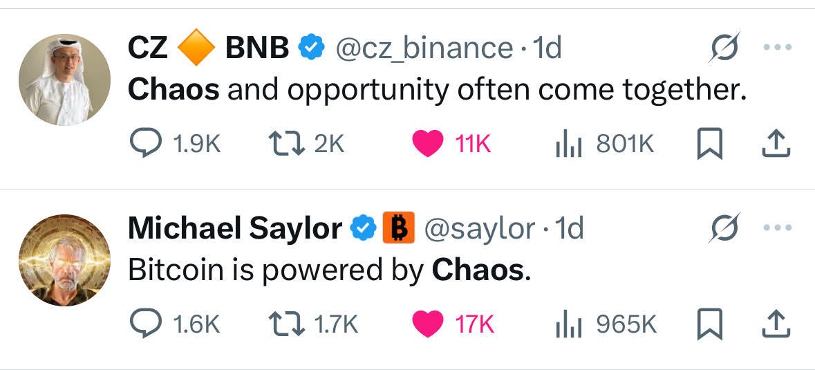 “Chaos and opportunity often come together,” wrote CZ. “Bitcoin is powered by Chaos,” responds Michael Saylor. “Chaos and opportunity often come together,” wrote CZ. “Bitcoin is powered by Chaos,” responds Michael Saylor.