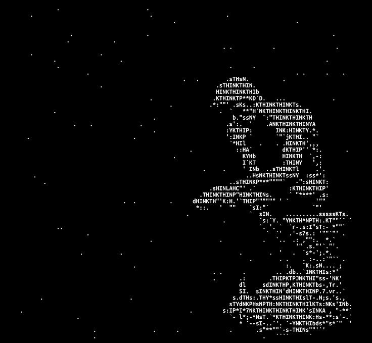 This contains: In a dark, starry space, a pensive nude man, sitting on a pedestal, hunches over while resting his chin on one hand.