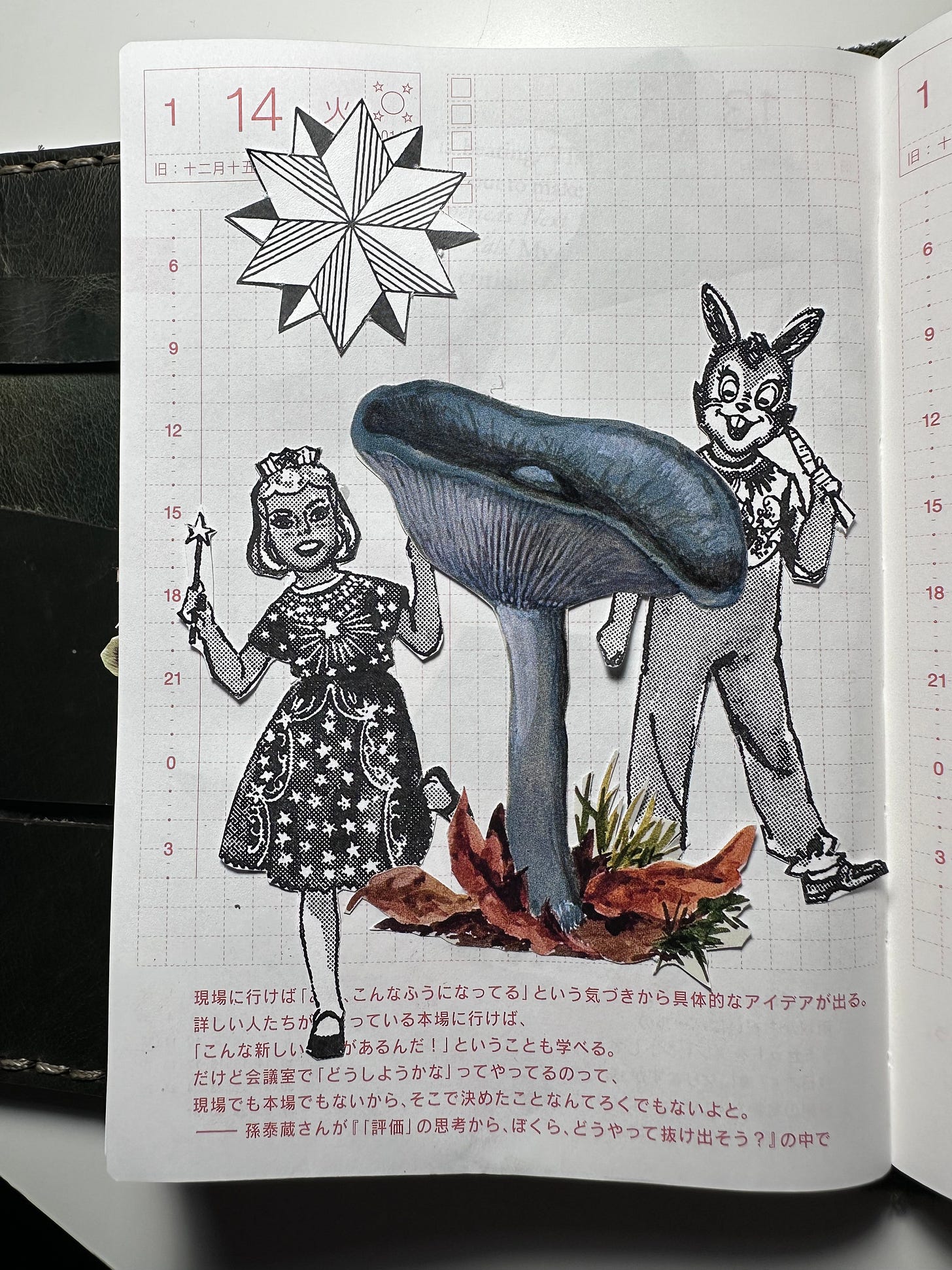 A collage depicting a young girl and rabbit boy playfully peeking around a blue mushroom with a multi-pointed black and white star in the upper left.