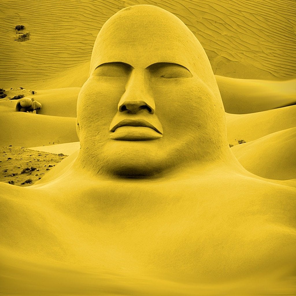a sleeping AI giant reresented by a giant face made of sand coming out of a sand dune a sleeping AI giant reresented by a giant face made of sand coming out of a sand dune