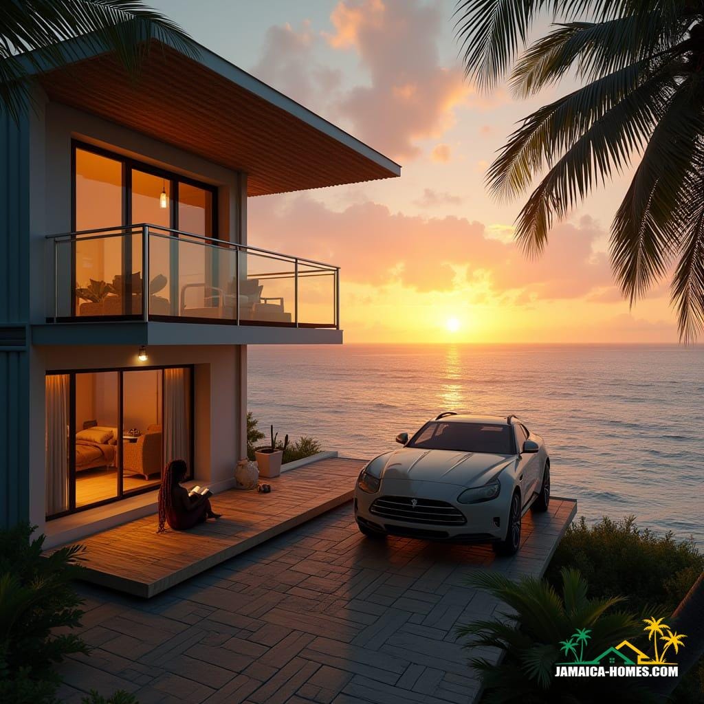 A mixed-race person with dreadlocks sits on the porch of a modern double-story container home, nestled on Jamaica's North Coast beach, surrounded by swaying palm trees and the soothing sounds of crashing waves. They are engrossed in a book, as the warm golden light of sunset casts a tranquil glow on their face. A sleek, modern SUV is parked beside the home, while the open balcony above offers breathtaking panoramic ocean views. The vibrant sky is ablaze with hues of pink, orange, and purple, as the sun dips into the horizon. The scene is reminiscent of a cinematic film still, evoking the style of Emmanuel Lubezki, with the dreamy quality of a Terrence Malick film, and the atmospheric depth of a Roger Deakins shot. The image is rendered in a realistic digital art style, with subtle film grain, a gentle vignette, and a color palette that is both natural and cinematic, as if shot on 35mm film with a v-raptor XL camera, and post-processed to perfection.