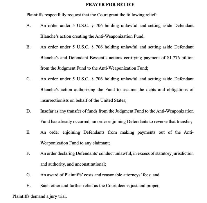List of the Orders and other relief applied for by the plaintiffs.