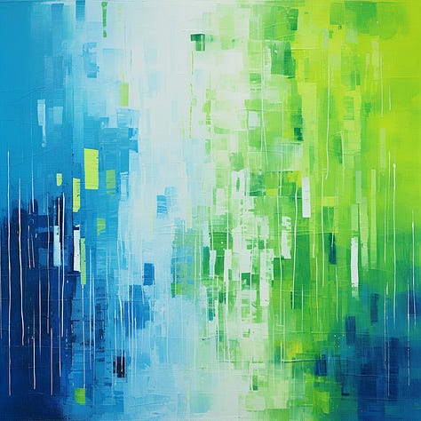 Green and blue, blue and black triangle, teal and orange