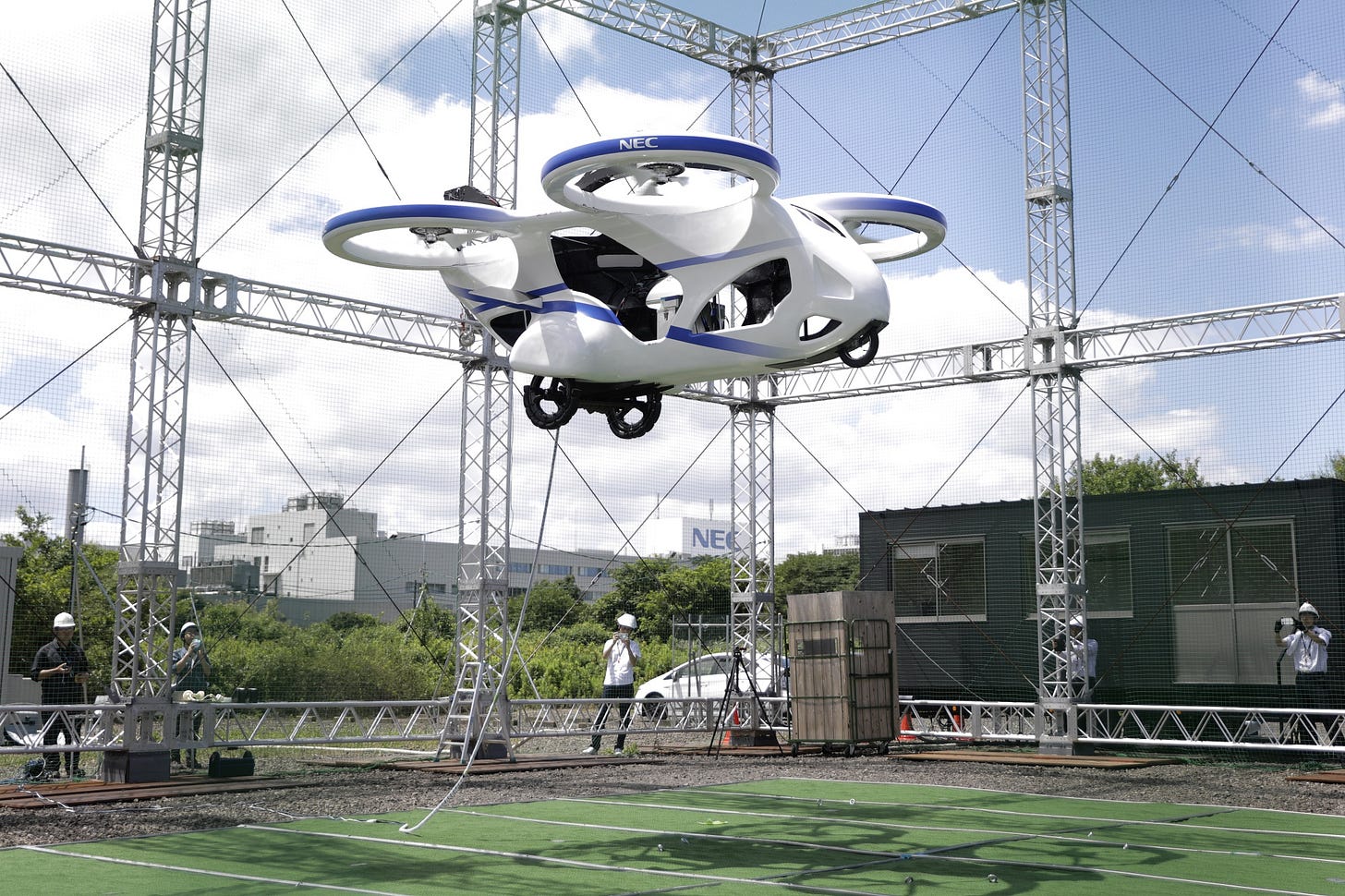 A prototype of NECâs flying car. A prototype of NECâs flying car.