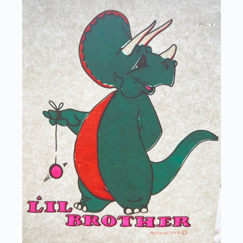 Little Brother Dinosaur Vintage Iron On Heat Transfer with Gritty Ink image 1 Little Brother Dinosaur Vintage Iron On Heat Transfer with Gritty Ink image 1