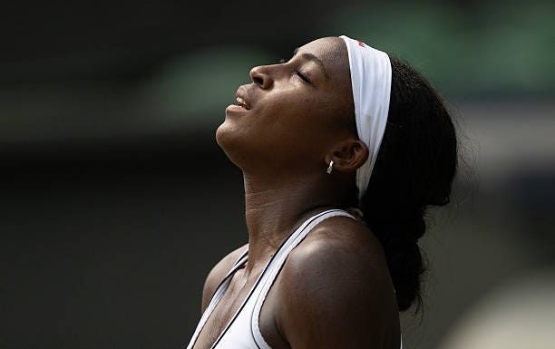 Coco Gauff of the USA in action during her semi-final match against Karolina Muchova on day eleven of The Championships Wimbledon 2026 at All England...