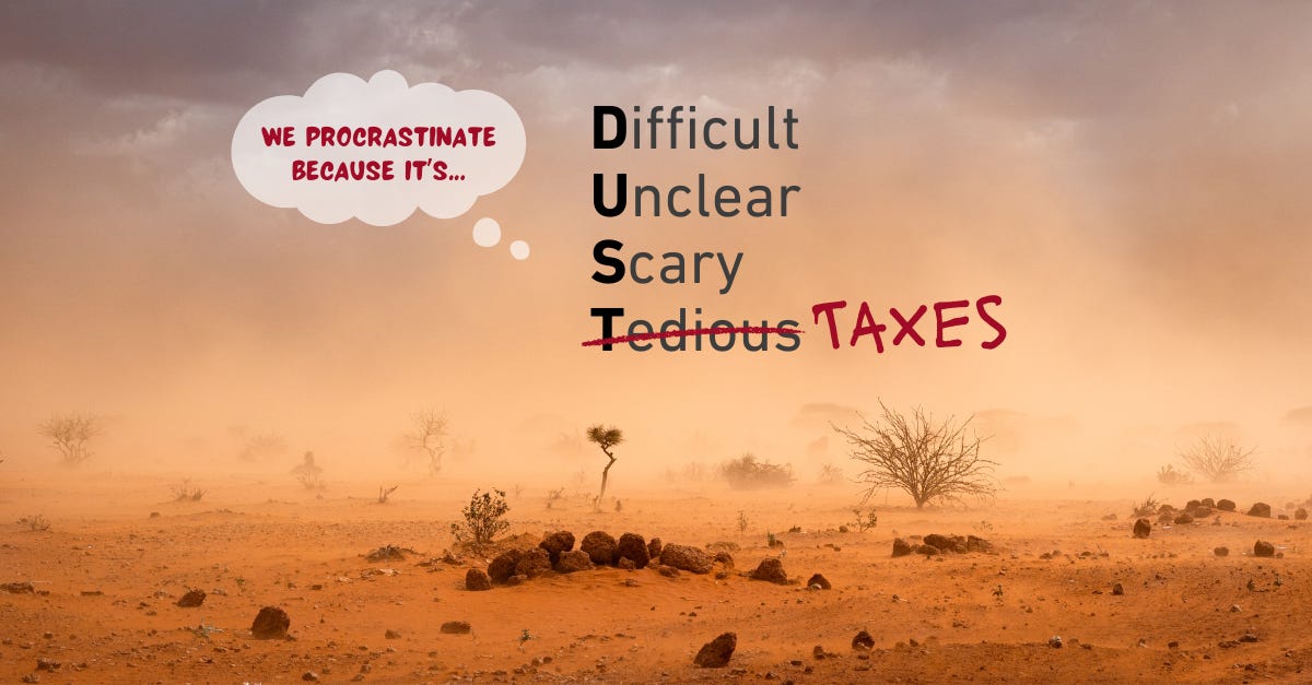A dust-filled desert with a thought bubble “We procrastinate because it’s…” List says Difficult, Unclear, Scary, Tedious. The last item is struck out and replaced with Taxes.