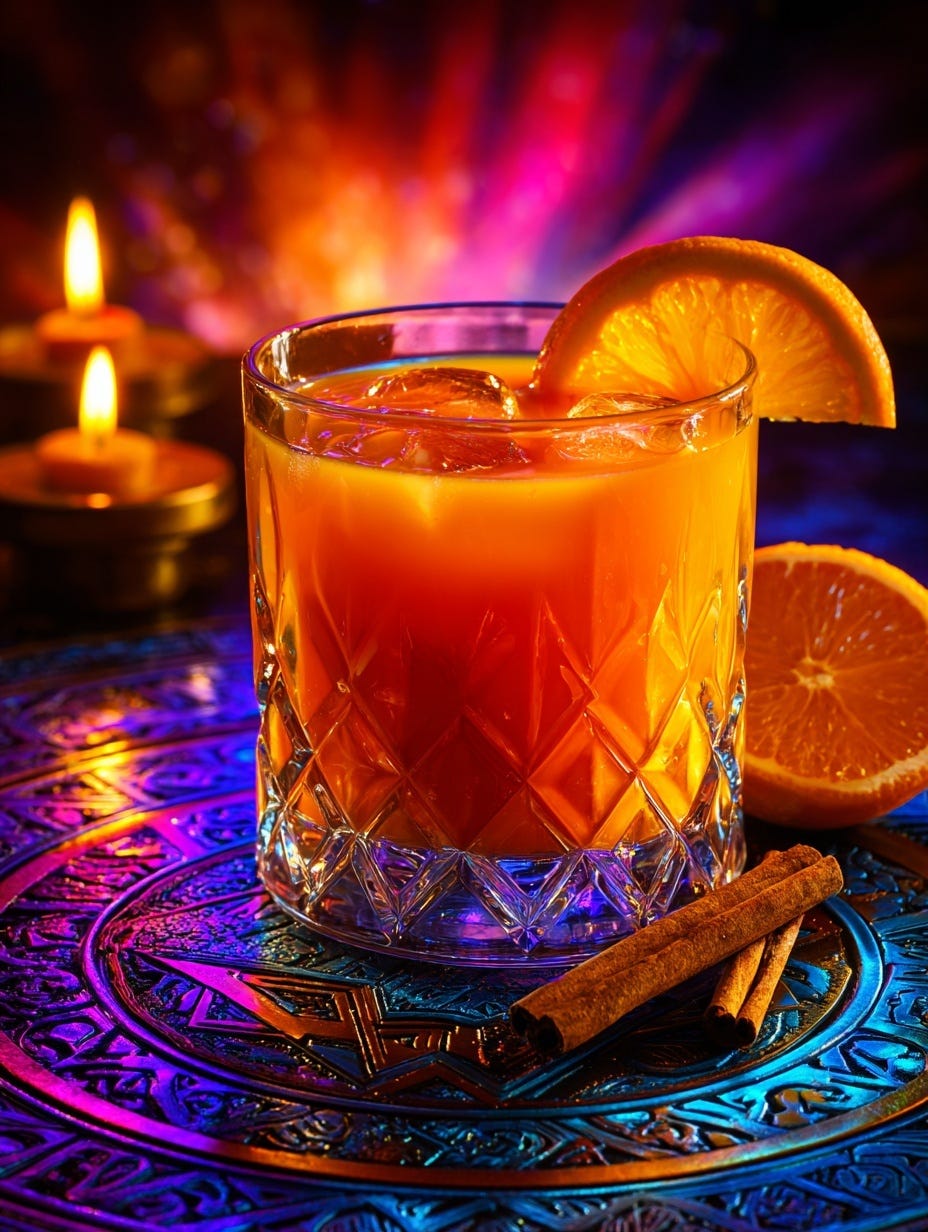 Tequila solar elixir with orange and cinnamon glowing in sunlight, a ritual drink for Summer Solstice celebration magic.