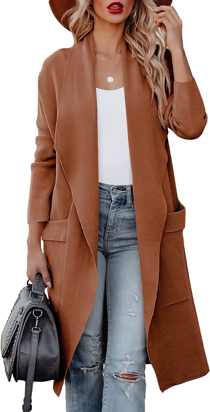 ANRABESS Women&#39;s Casual Long Sleeve Draped Open Front Knit Pockets Long Cardigan Jackets Sweater