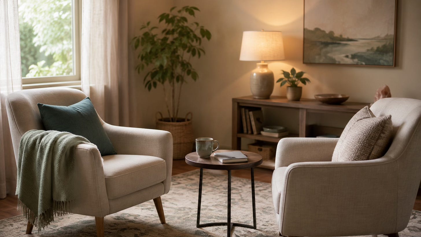 Two comfortable armchairs in a calm private coaching room, suggesting emotionally safe one-to-one support.
