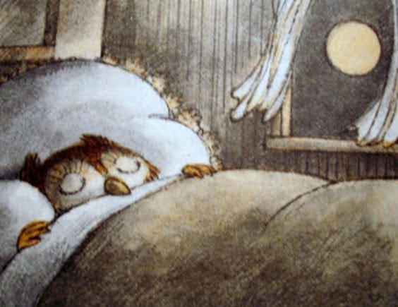 This may contain: a drawing of an owl sleeping in bed