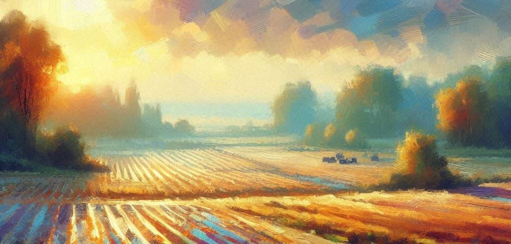 Impressionistic painting of plowed fields ready for sowing and seed