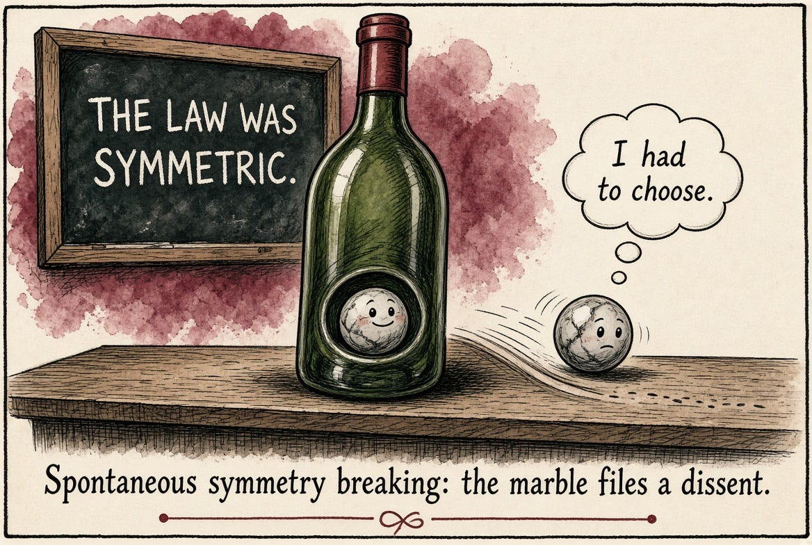A marble beside a wine bottle: spontaneous symmetry breaking chooses one of many equally low positions. A marble beside a wine bottle: spontaneous symmetry breaking chooses one of many equally low positions.