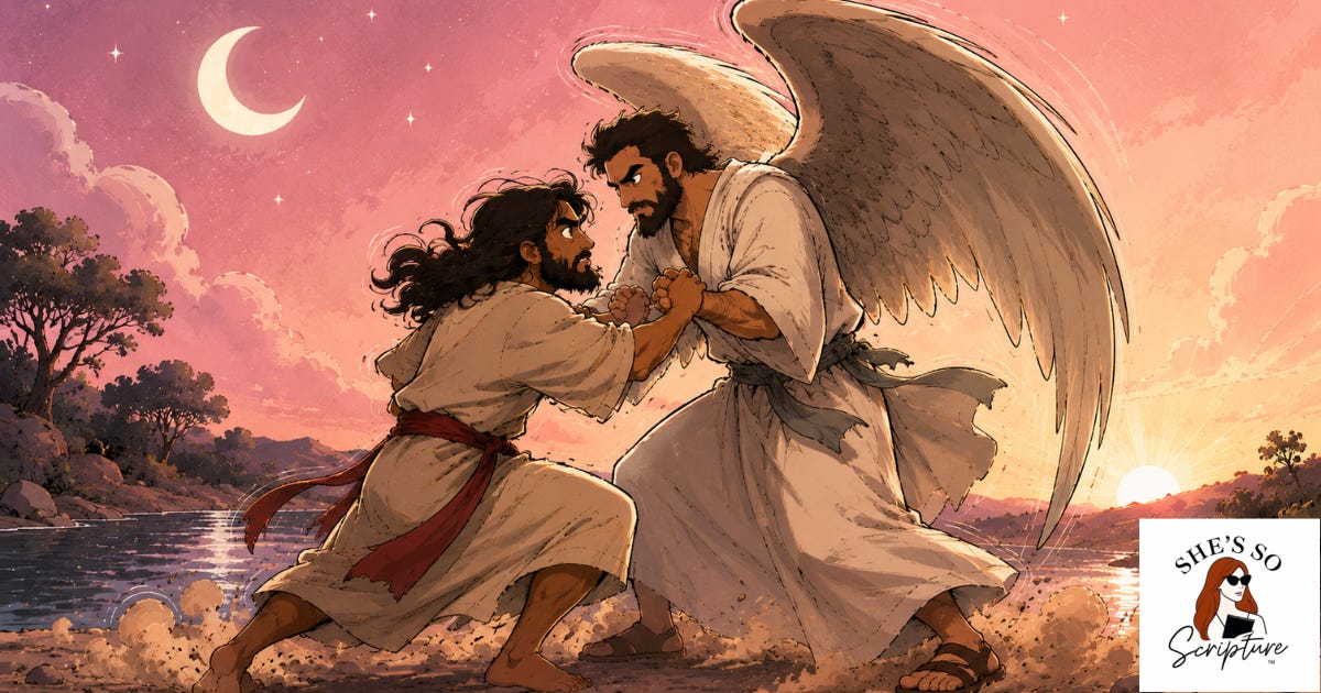 Watercolor illustration of Jacob wrestling with a winged angel beside a river at dawn, in blush pink, cream, and gold tones. Watercolor illustration of Jacob wrestling with a winged angel beside a river at dawn, in blush pink, cream, and gold tones.