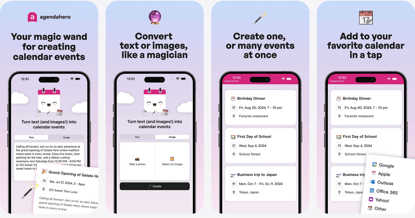 Four iPhone screenshots showing Agenda Hero's workflow: converting text to calendar events, creating multiple events at once, and adding them to various calendar platforms