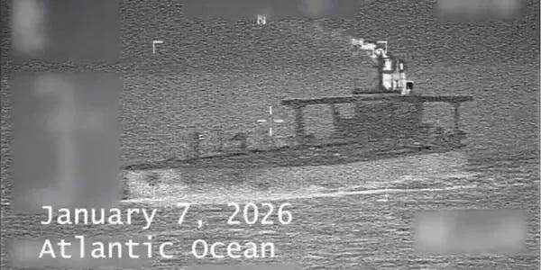 US Southern Command surveillance footage showing the Russian shadow fleet tanker Sophia in the Atlantic Ocean on January 7, 2026.