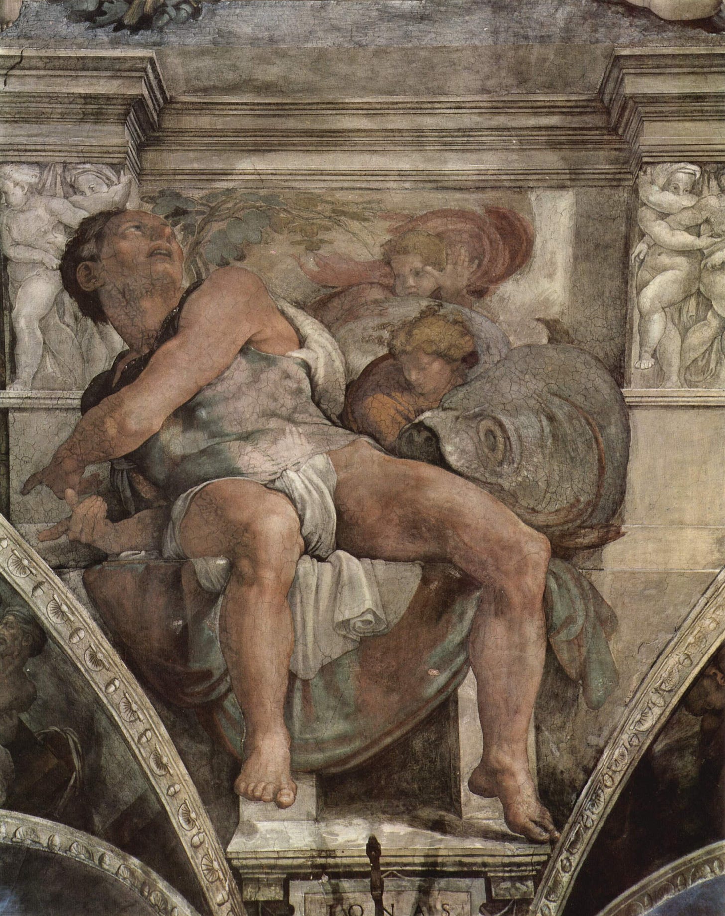 A muscular prophet leans far back on his throne, face lifted and arms turned, while a large fish curls behind his legs.