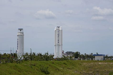 The first and second-stage of the Long March 8A Y3 vehicle heading to Commercial Launch Pad 1.