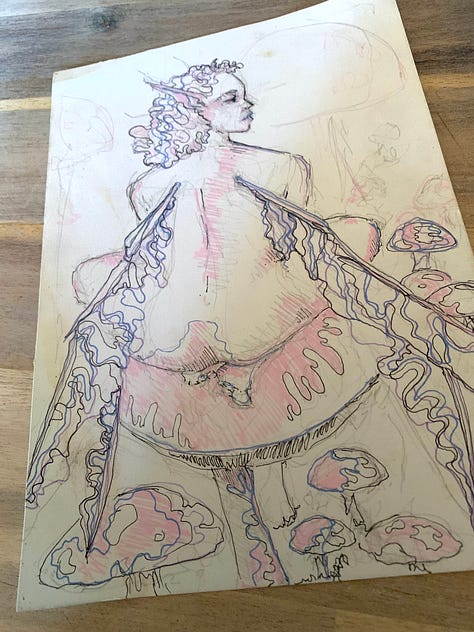 hand drawn images of a cover for a booklet, a fairy character and some painted tiles with a handwritten note. 