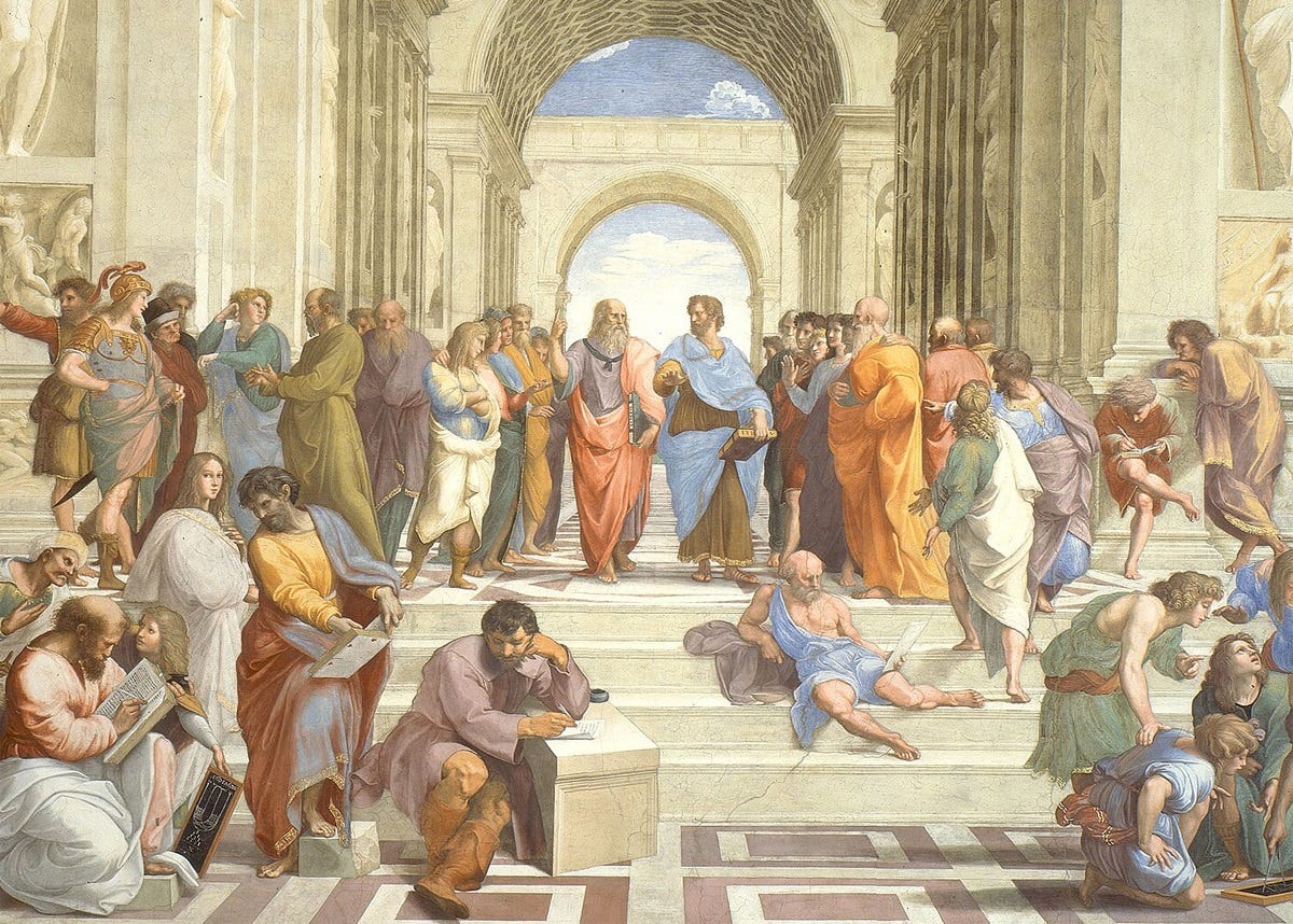 Detail from Raphael's fresco 'The School of Athens' showing Plato and Aristotle engaged in earnest debate of great ideas, probably, or lunch plans. Around them are a couple dozen other classical figures similarly writing, reading, and vigorously discussing cool science and philosophy things in an imagined Athenian setting, free of the restraints imposed by the government of Texas.