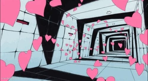 This may contain: a tunnel filled with lots of pink hearts